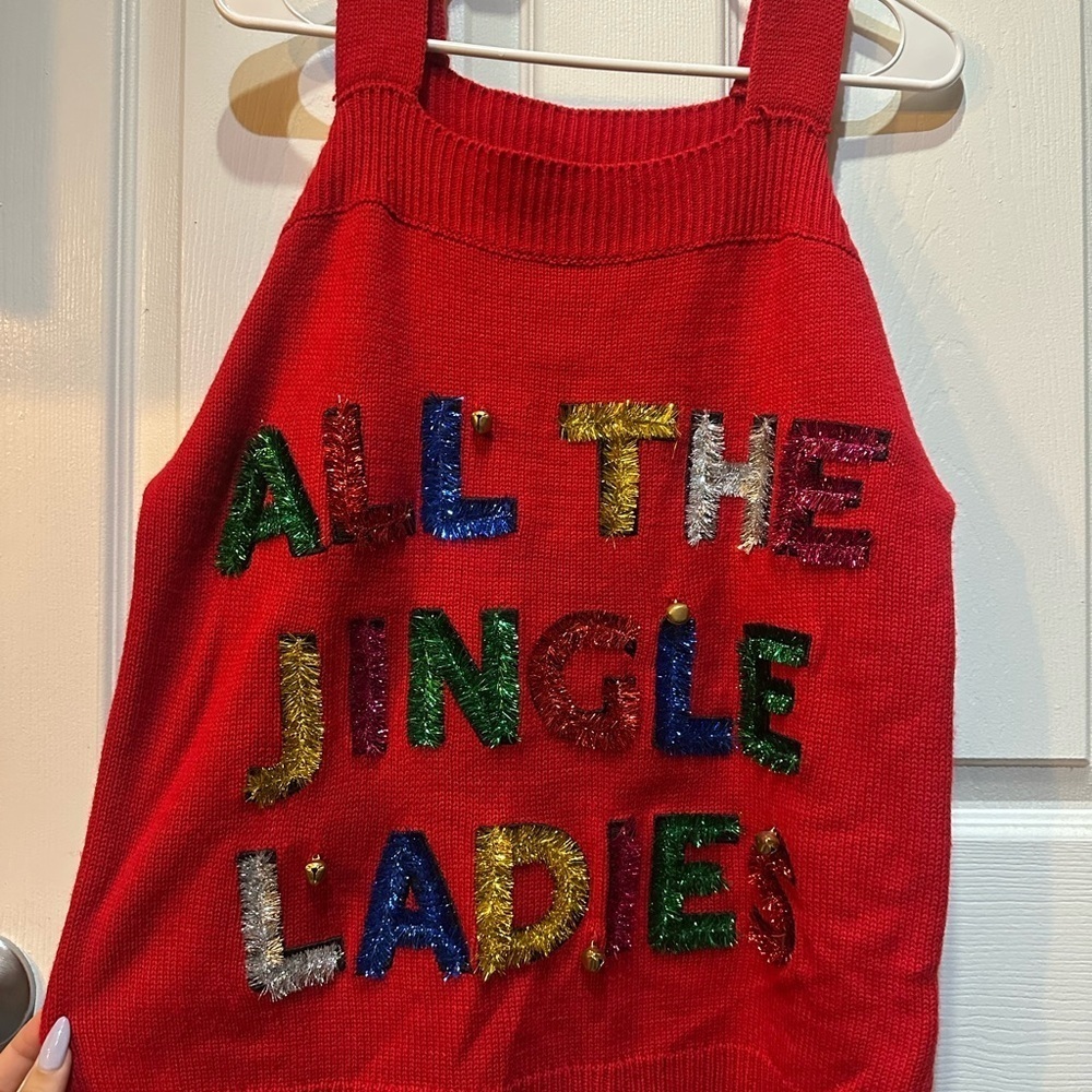 Festive “All The Jingle Ladies” Christmas Red Cold-Shoulder Sweater Size Small - Picture 3 of 8